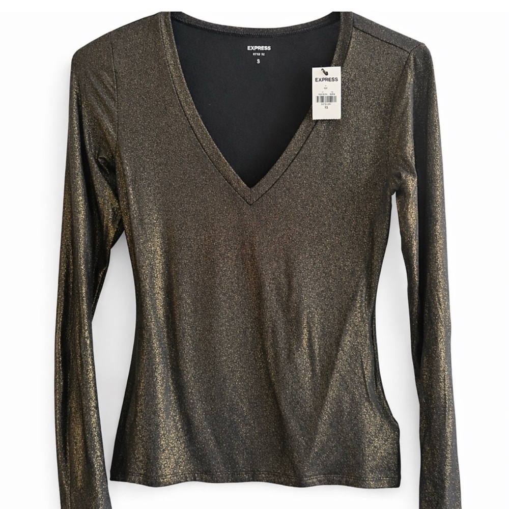 Express Metallic V-Neck Long Sleeve Top - Gold Sparkle